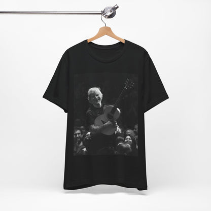 A black graphic t-shirt featuring a photo of Ed Sheeran performing live with his guitar.