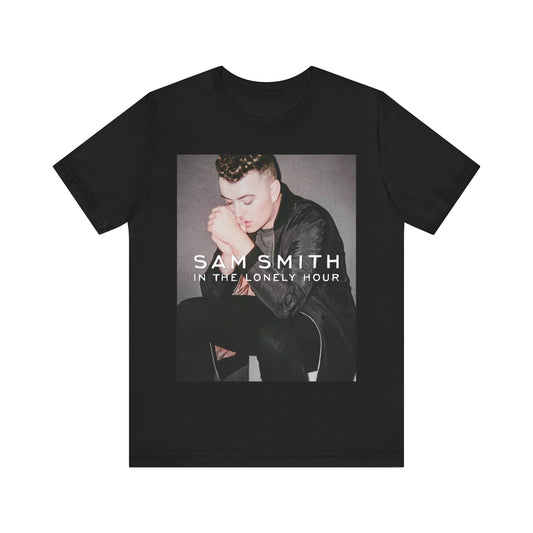 A black graphic t-shirt featuring the album cover art for Sam Smith's 'In the Lonely Hour'.