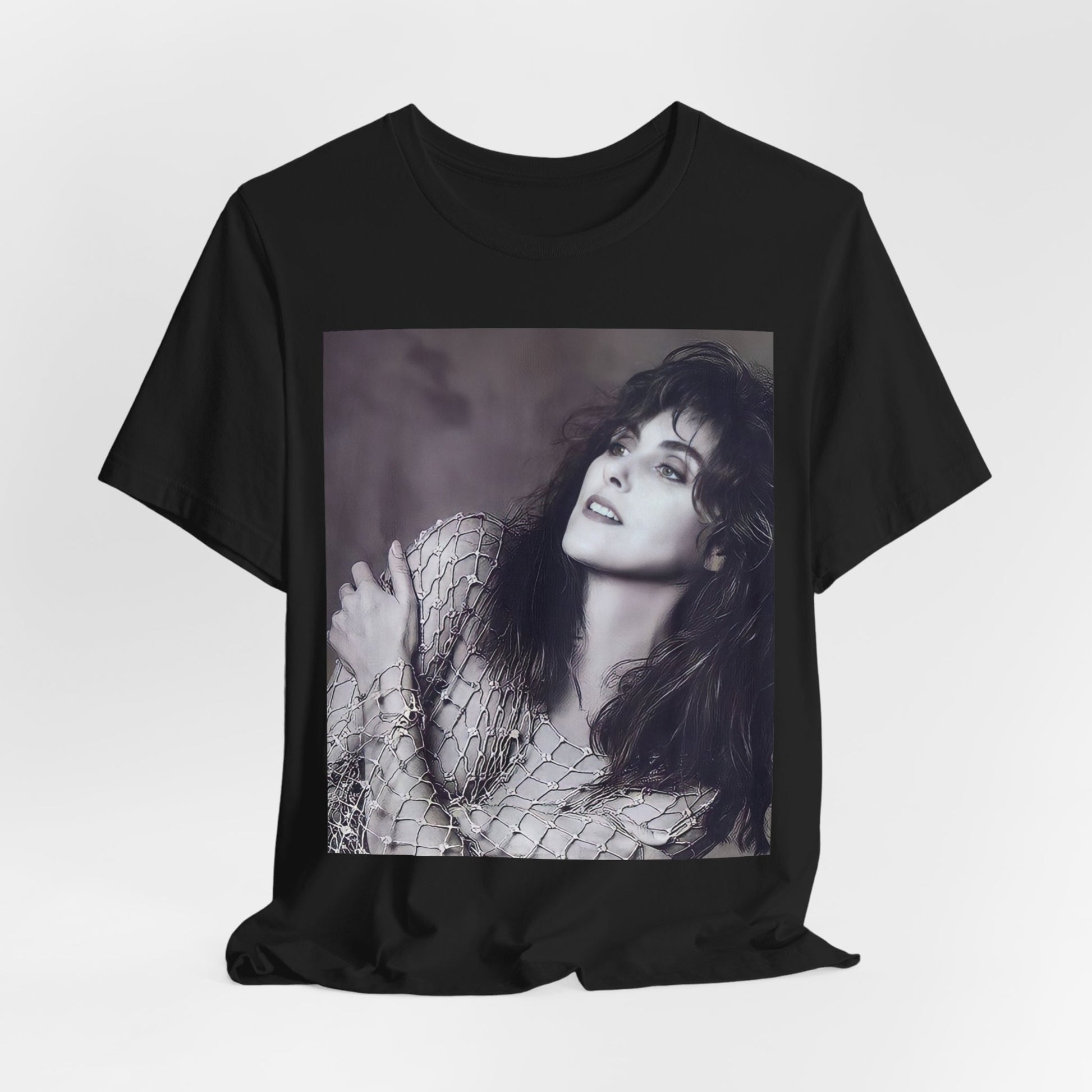 A black graphic t-shirt featuring a bold 80s superstar graphic of Laura Branigan.
