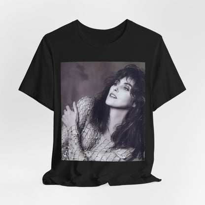 A black graphic t-shirt featuring a bold 80s superstar graphic of Laura Branigan.