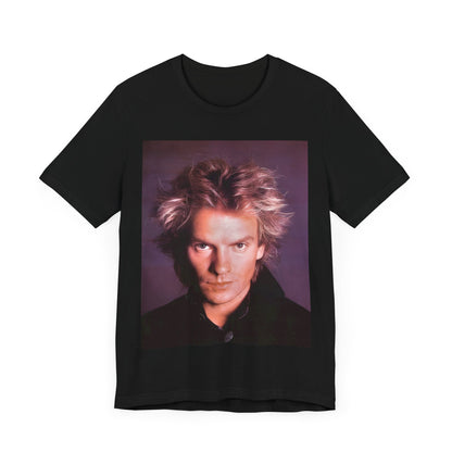 A black graphic t-shirt featuring a graphic related to Sting's 'Every Breath You Take' song or era.