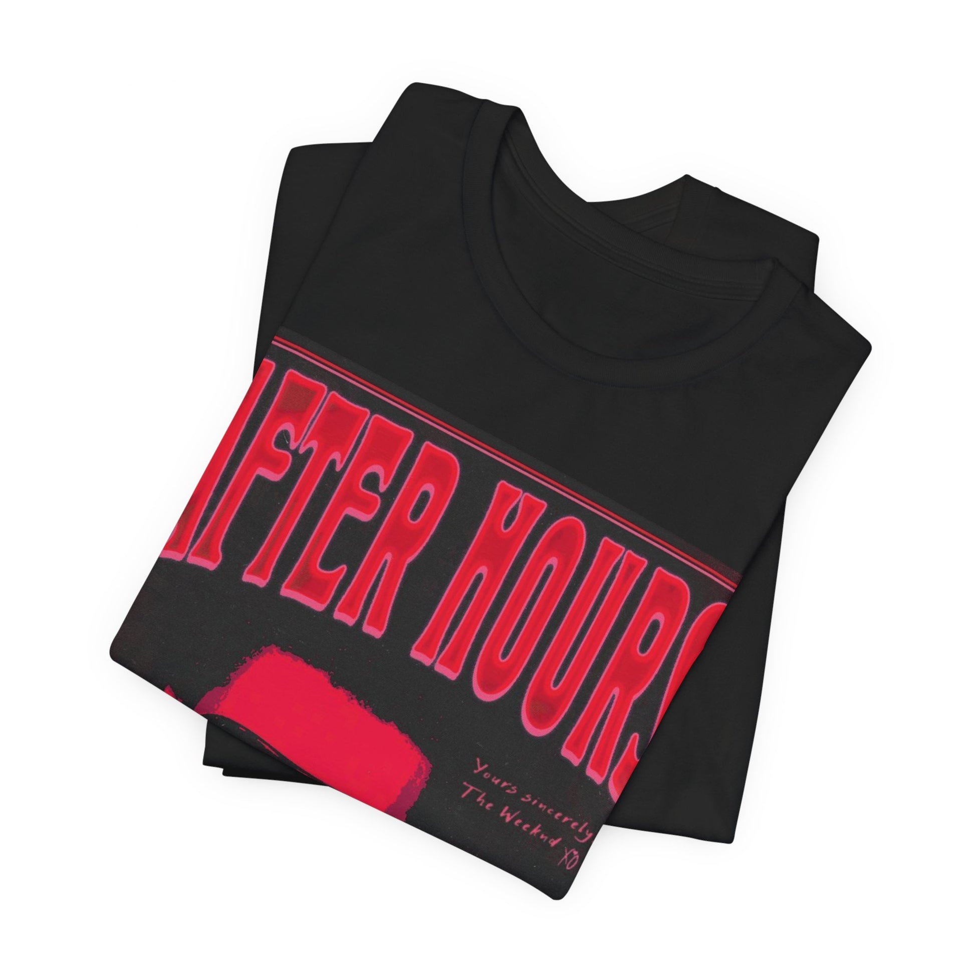 A black graphic t-shirt featuring a retro graphic related to The Weeknd's 'After Hours' album.