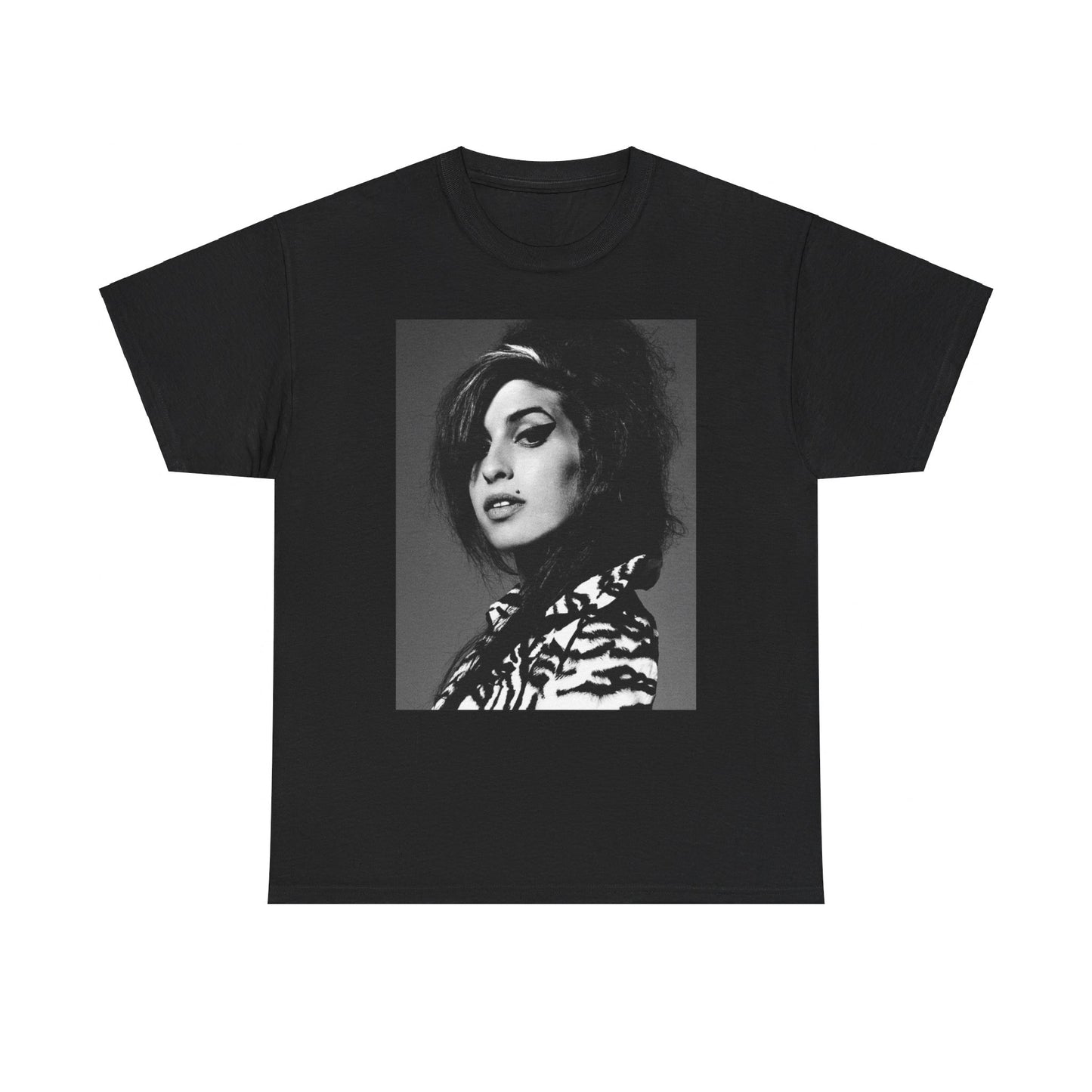 A black graphic t-shirt featuring a black and white portrait photo of Amy Winehouse from 2006, showing her with her signature beehive.