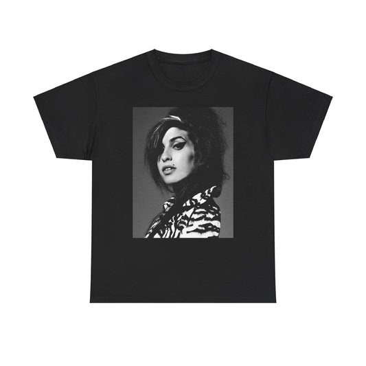 A black graphic t-shirt featuring a black and white portrait photo of Amy Winehouse from 2006, showing her with her signature beehive.