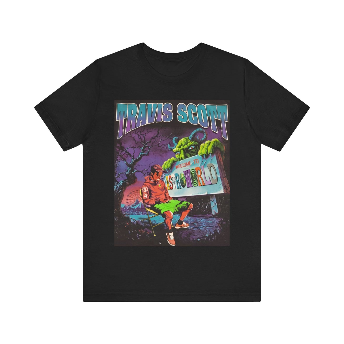 A black graphic t-shirt featuring a vintage graphic related to Travis Scott's Astroworld album.