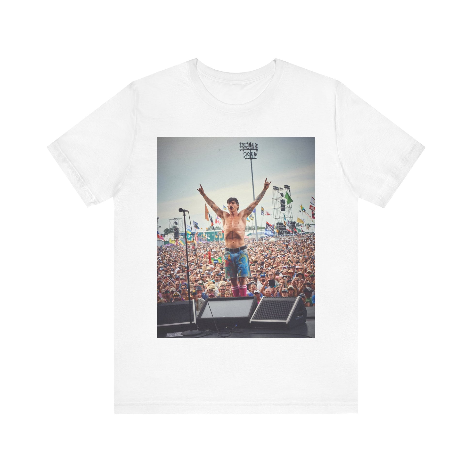 A black graphic t-shirt featuring a concert tour graphic of Red Hot Chili Peppers.