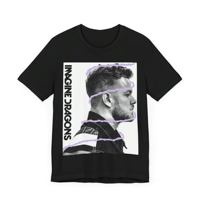 A black graphic t-shirt featuring a graphic of Imagine Dragons designed with a modern alt rock spirit.