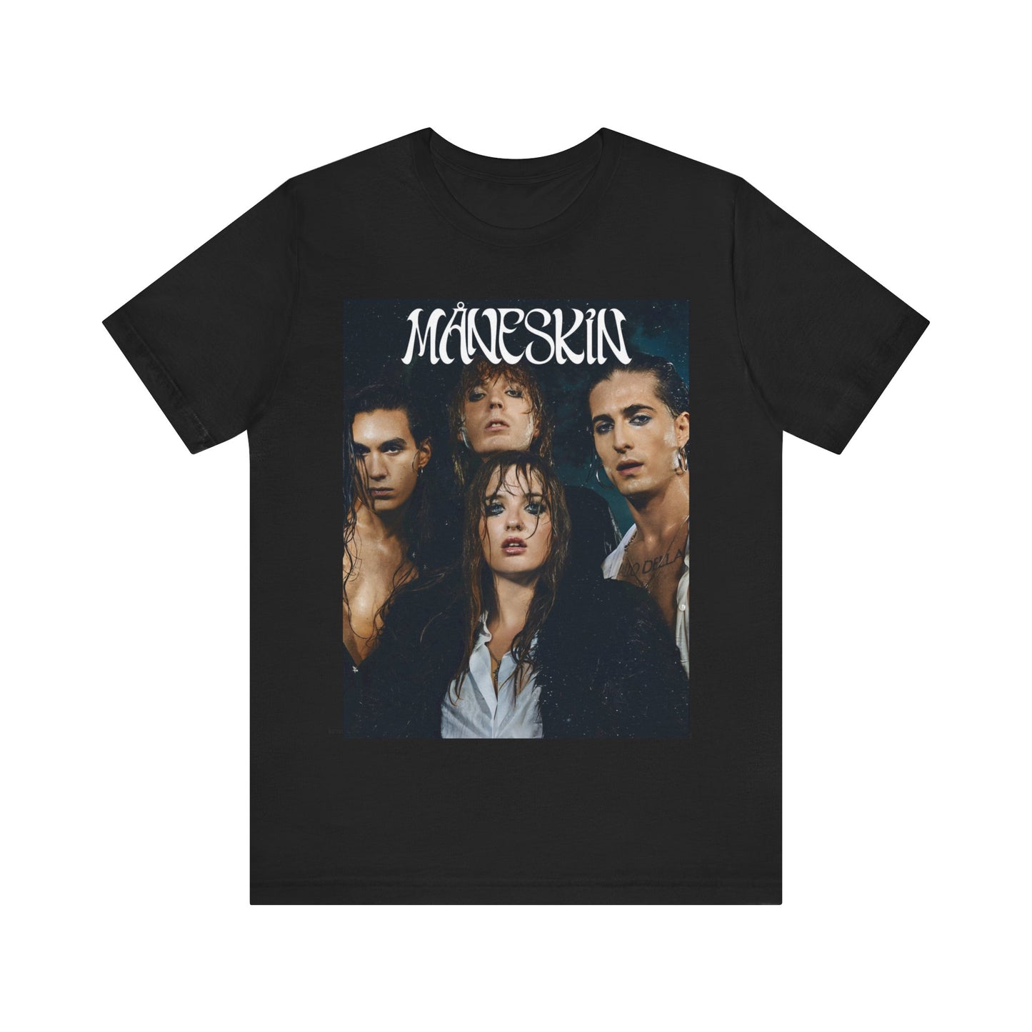 A black graphic t-shirt featuring a graphic of Maneskin with cool Italian rock vibes.