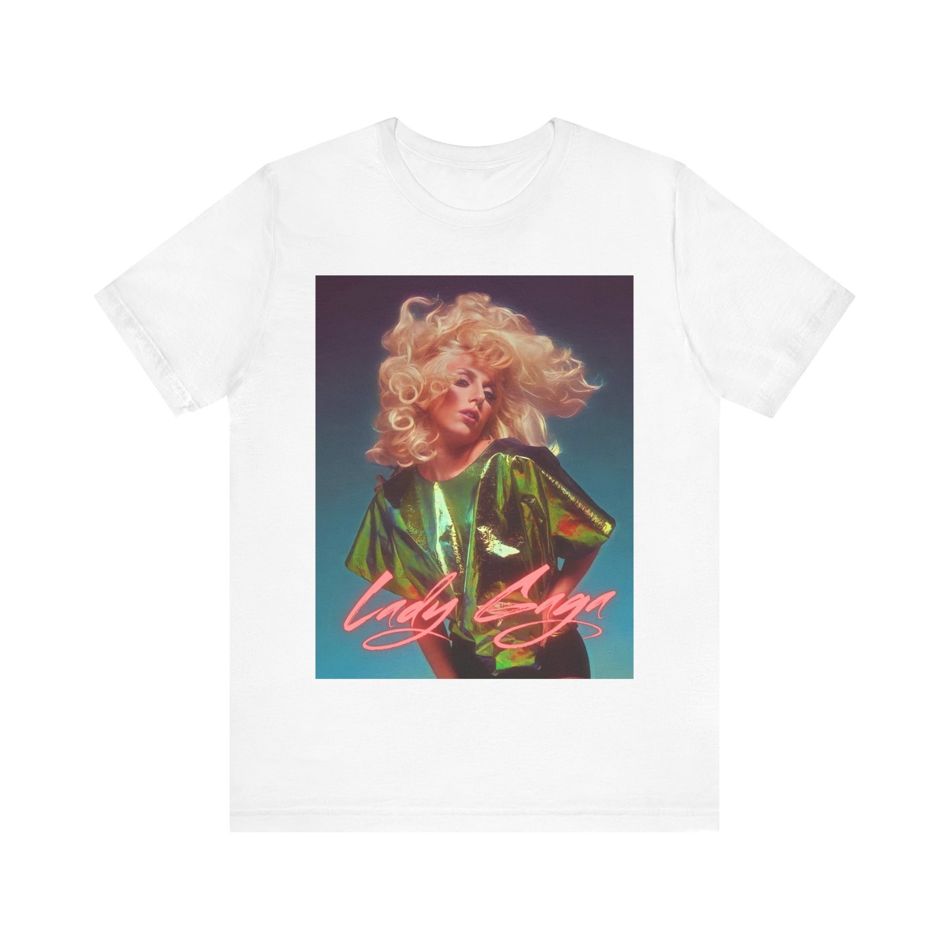 A black graphic t-shirt featuring a retro photo of Lady Gaga with neon lighting or effects.