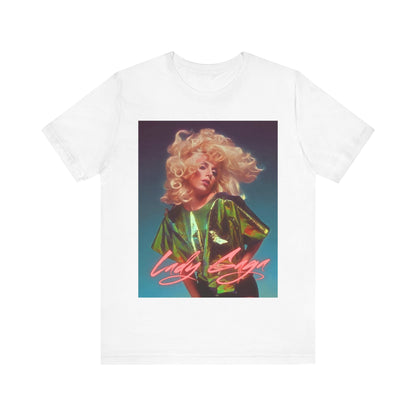 A black graphic t-shirt featuring a retro photo of Lady Gaga with neon lighting or effects.