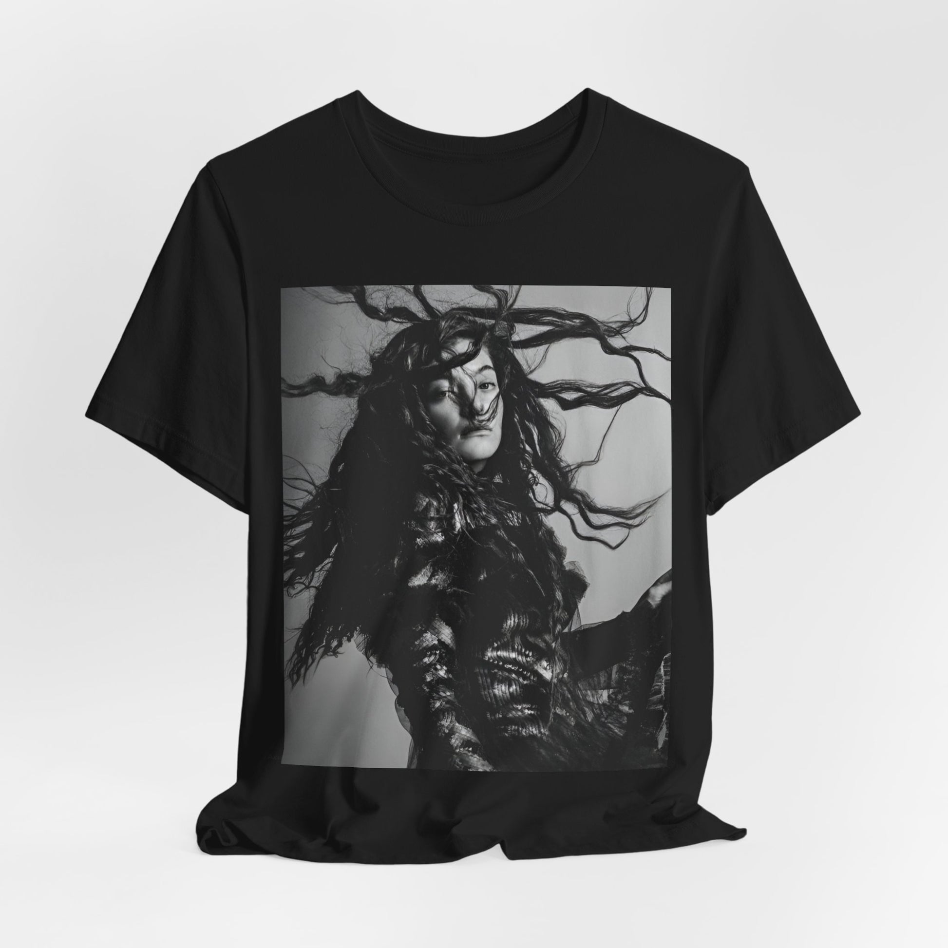 A black graphic t-shirt featuring a black and white retro photo or graphic of Lorde.