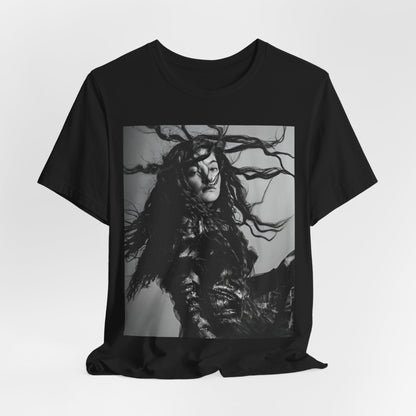 A black graphic t-shirt featuring a black and white retro photo or graphic of Lorde.