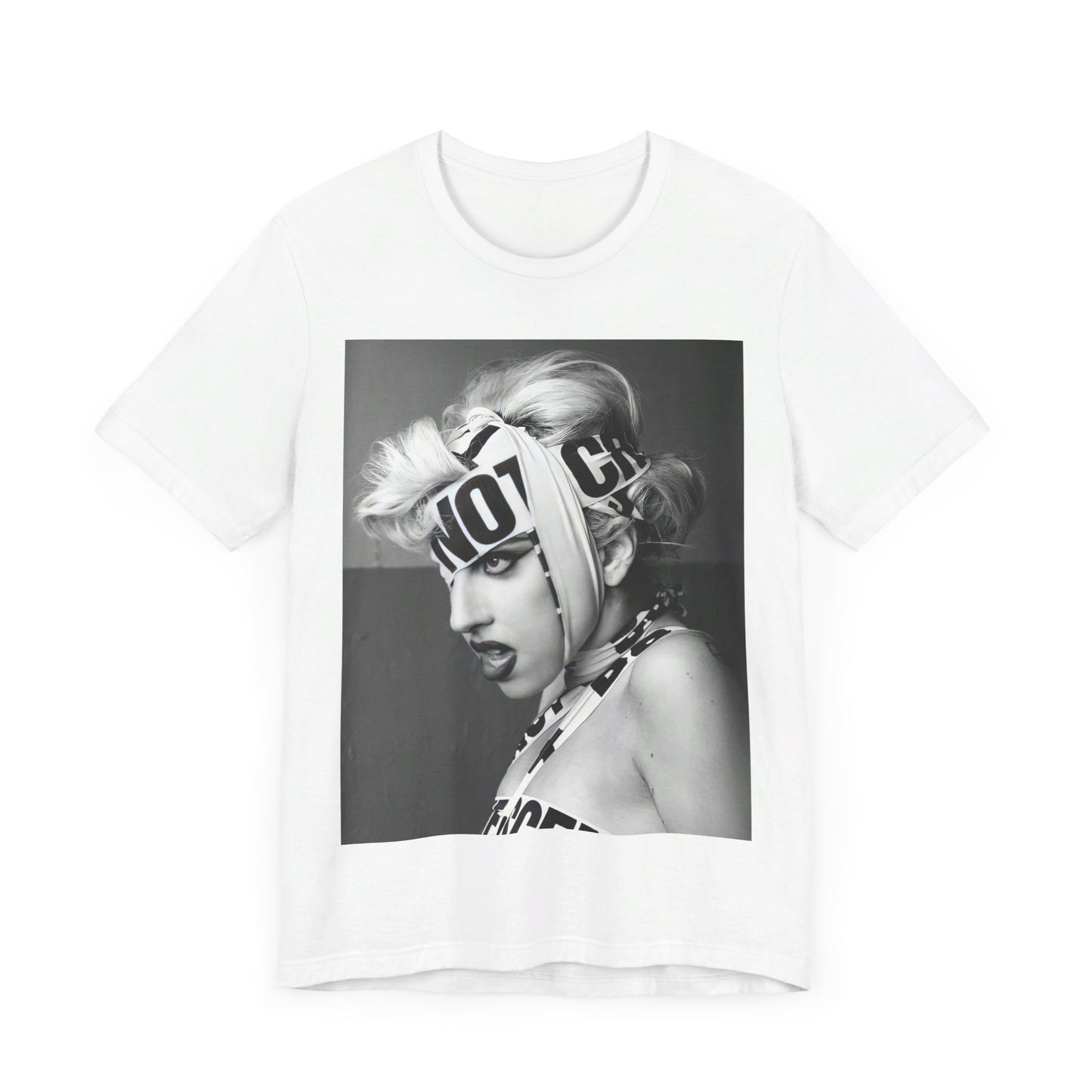 A black graphic t-shirt featuring a glam graphic related to Lady Gaga's 'Born This Way' album era.