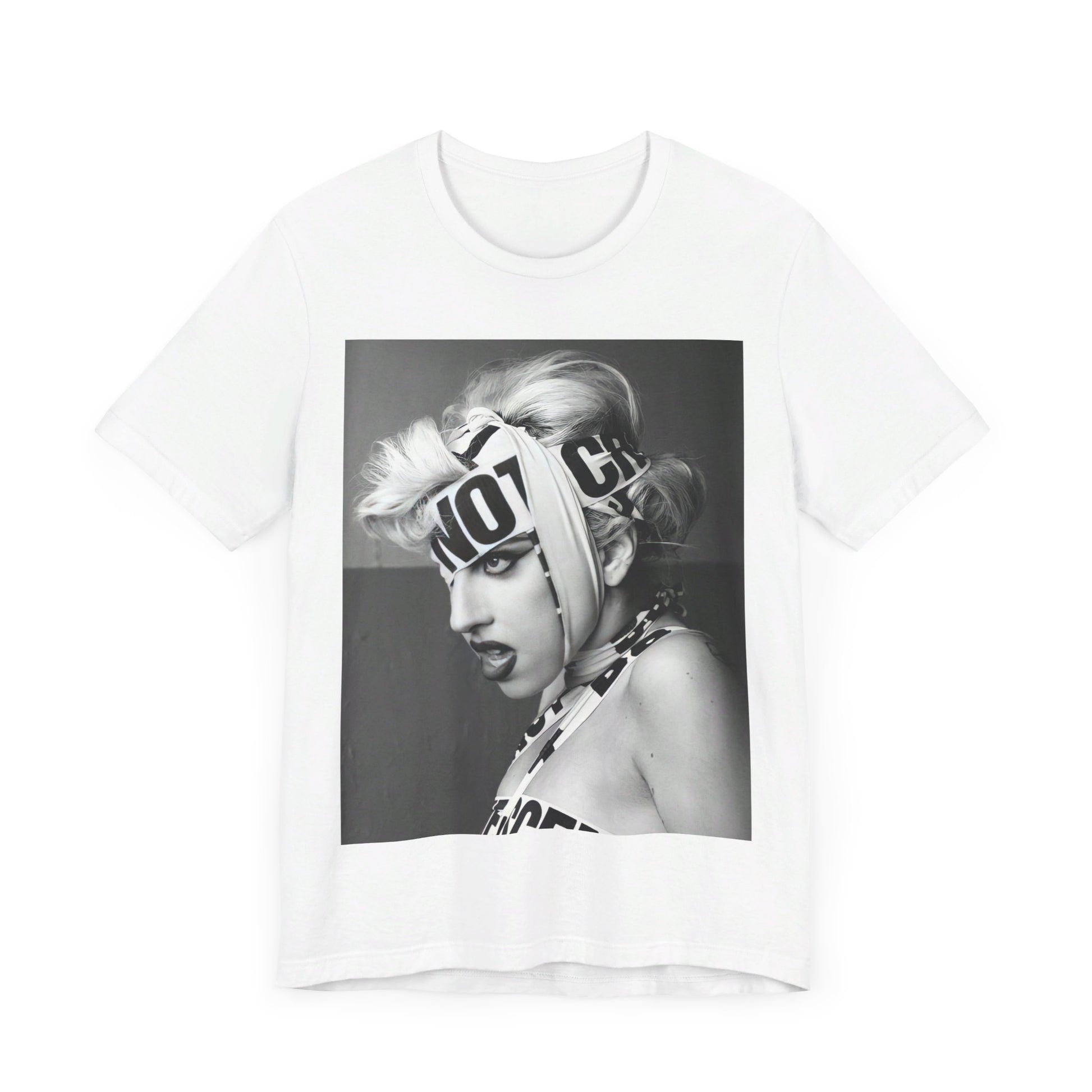 A black graphic t-shirt featuring a glam graphic related to Lady Gaga's 'Born This Way' album era.