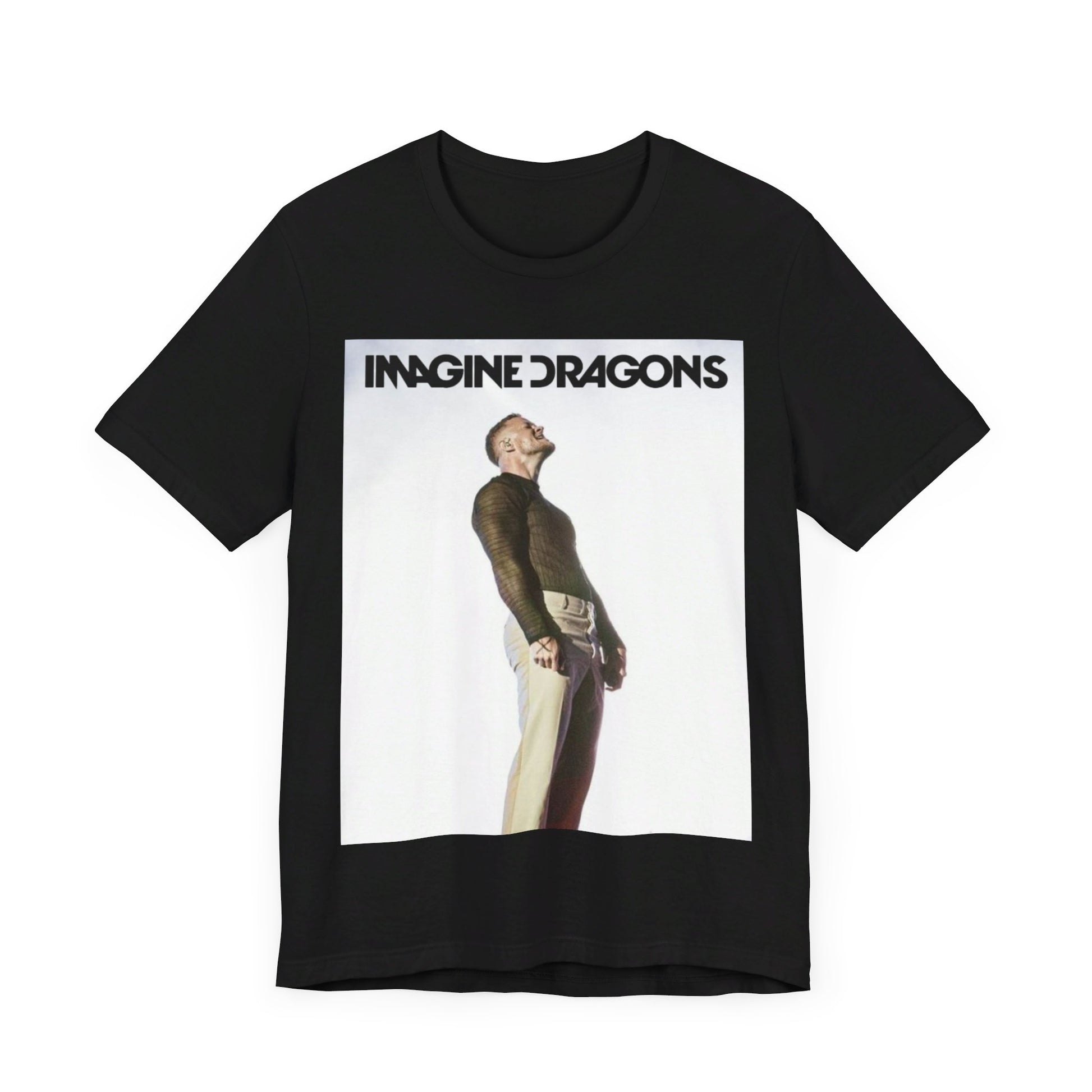 A black graphic t-shirt featuring a graphic related to Imagine Dragons' 'Believer' song or era.