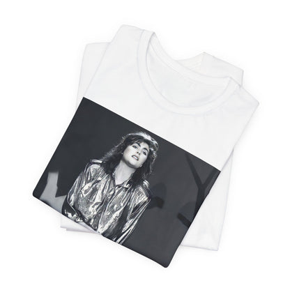 A black graphic t-shirt featuring a graphic of Laura Branigan emphasizing her timeless voice.