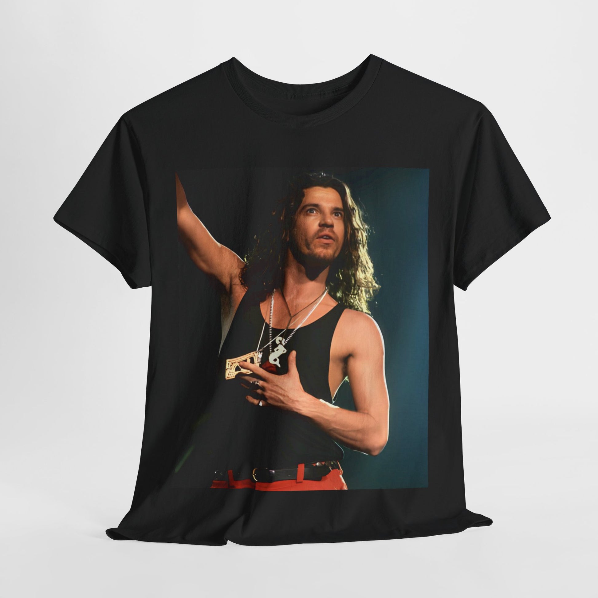 A black graphic t-shirt featuring a vintage 80s new wave graphic of INXS.