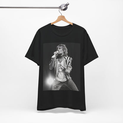 A black graphic t-shirt featuring a black and white portrait photo of Rod Stewart.