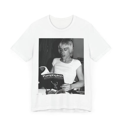 A black graphic t-shirt featuring a 70s classic photo of Iggy Pop and The Stooges.