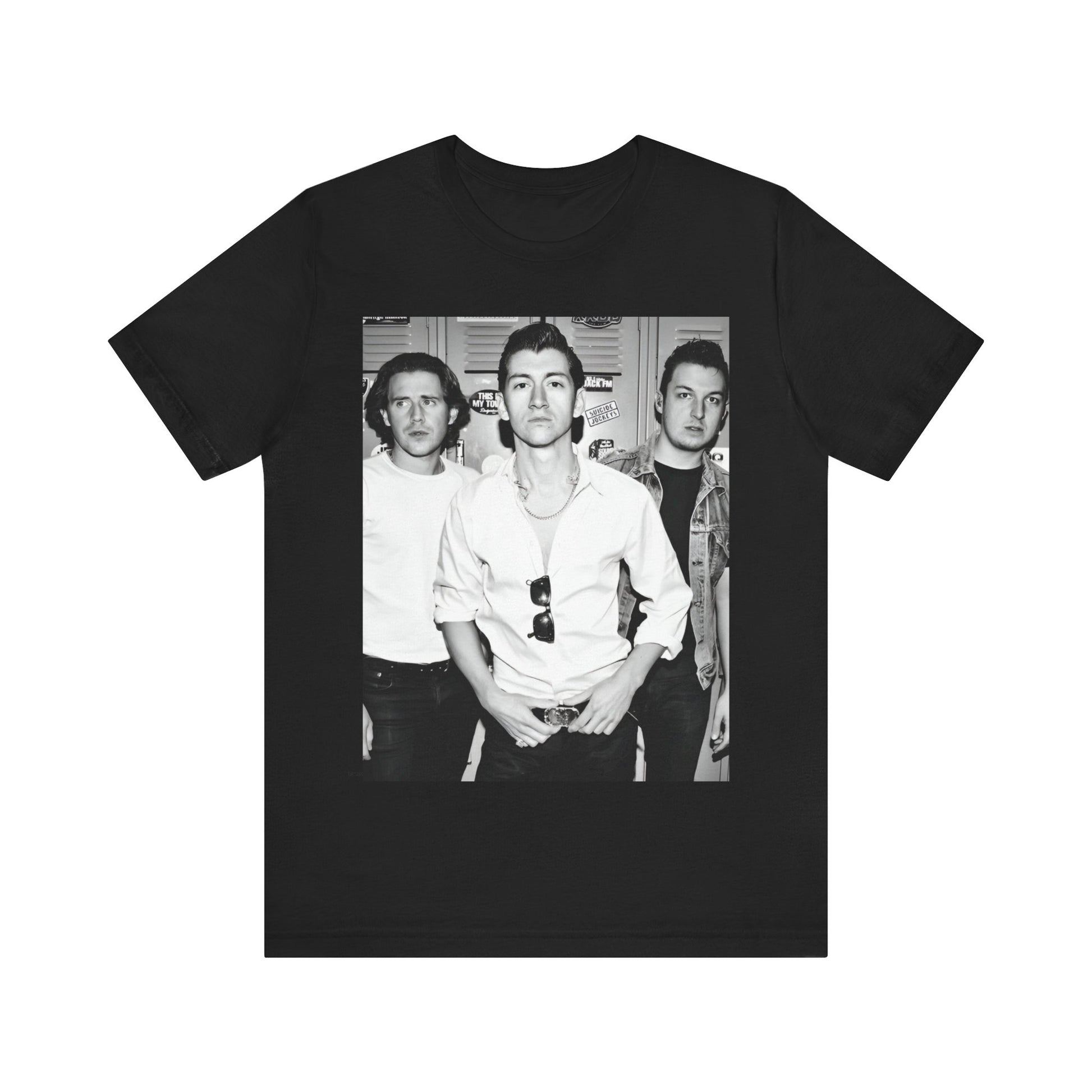 A black graphic t-shirt featuring a vintage-style design related to Arctic Monkeys' 'AM' album era, possibly with the album art or band imagery.