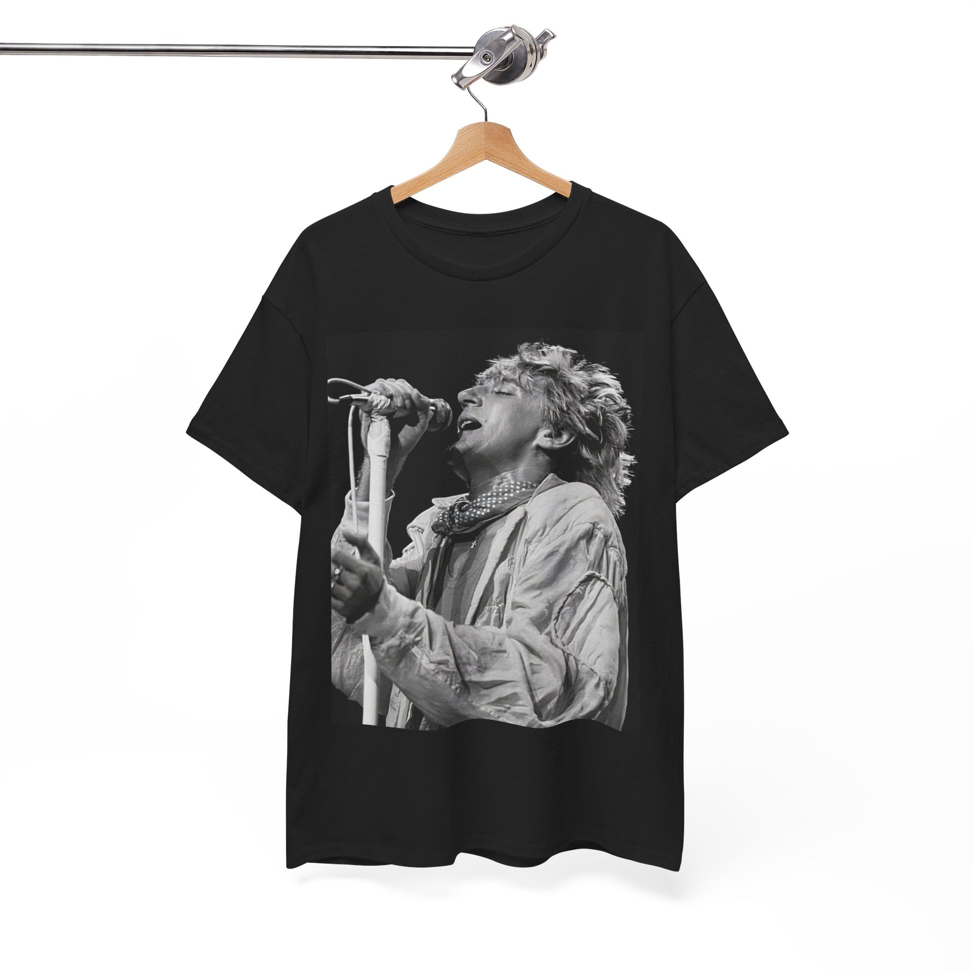 A black graphic t-shirt featuring an 80s black and white monochrome graphic or photo of Rod Stewart.