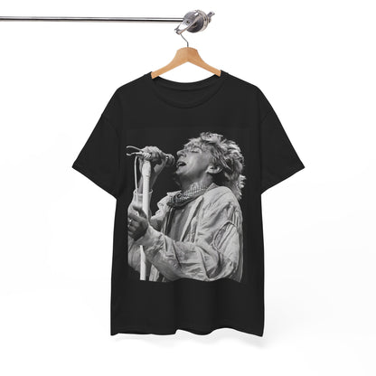 A black graphic t-shirt featuring an 80s black and white monochrome graphic or photo of Rod Stewart.