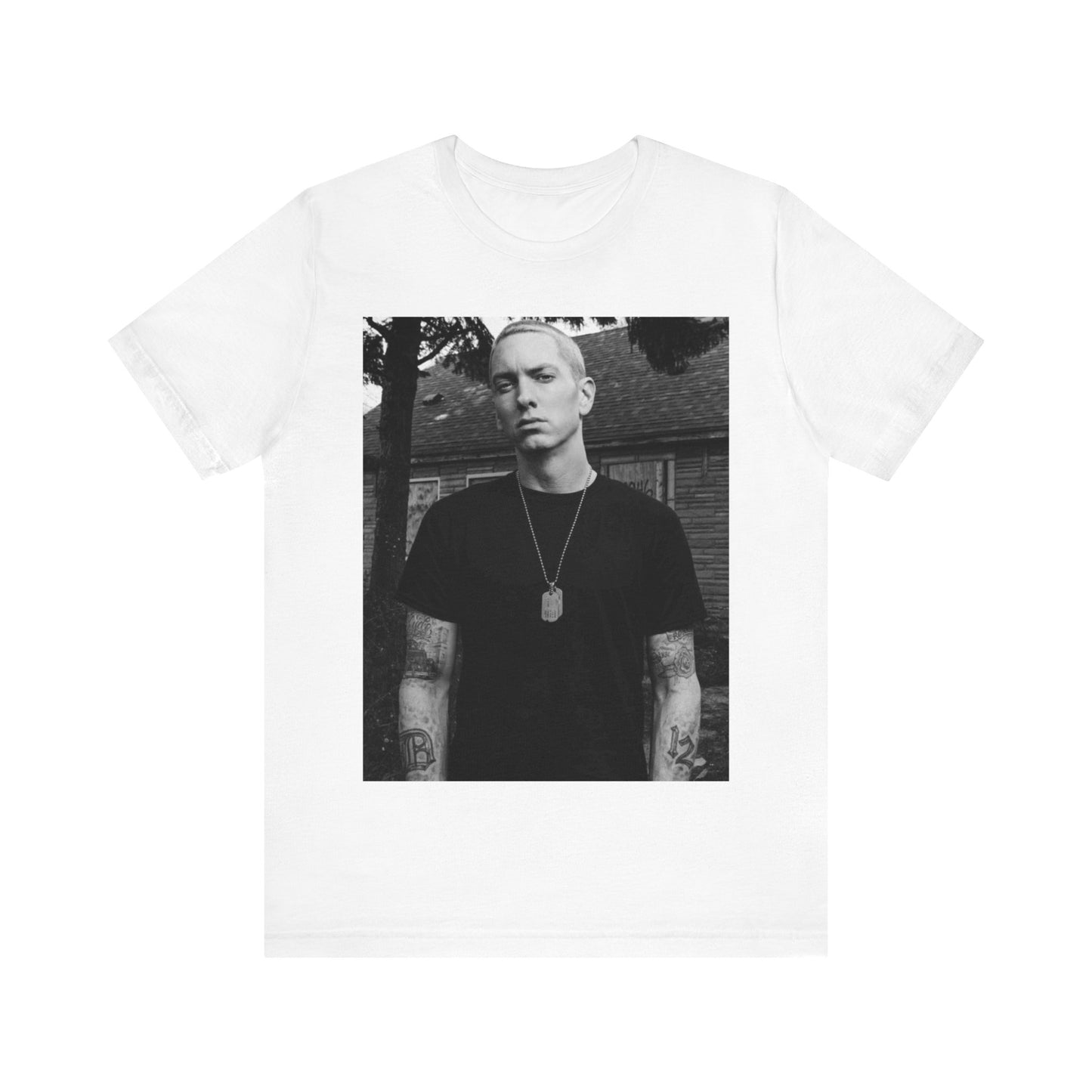 A black graphic t-shirt featuring a black and white graphic of Eminem as Slim Shady.