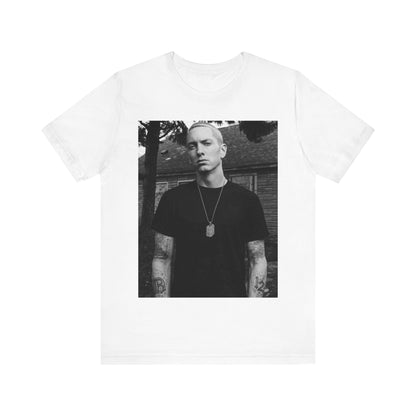 A black graphic t-shirt featuring a black and white graphic of Eminem as Slim Shady.