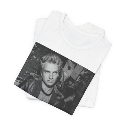 A black graphic t-shirt featuring a vintage black and white monochrome graphic or photo of Sting.