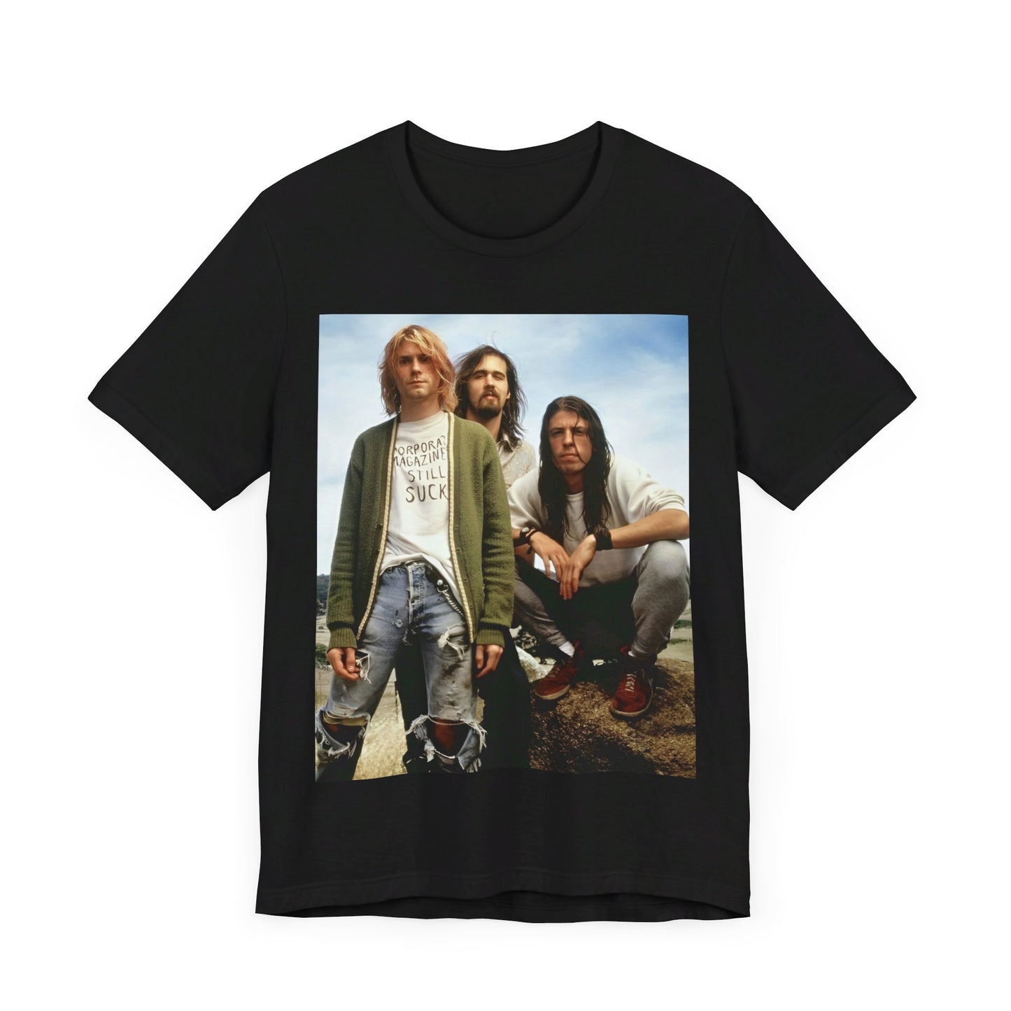 A black graphic t-shirt featuring a bold graphic of Nirvana as grunge superstars.