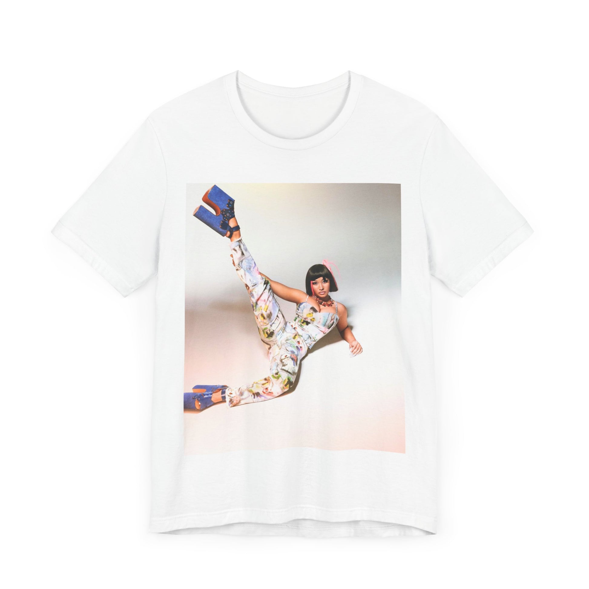A black graphic t-shirt featuring a graphic of Nicki Minaj as a global fashion rap queen.