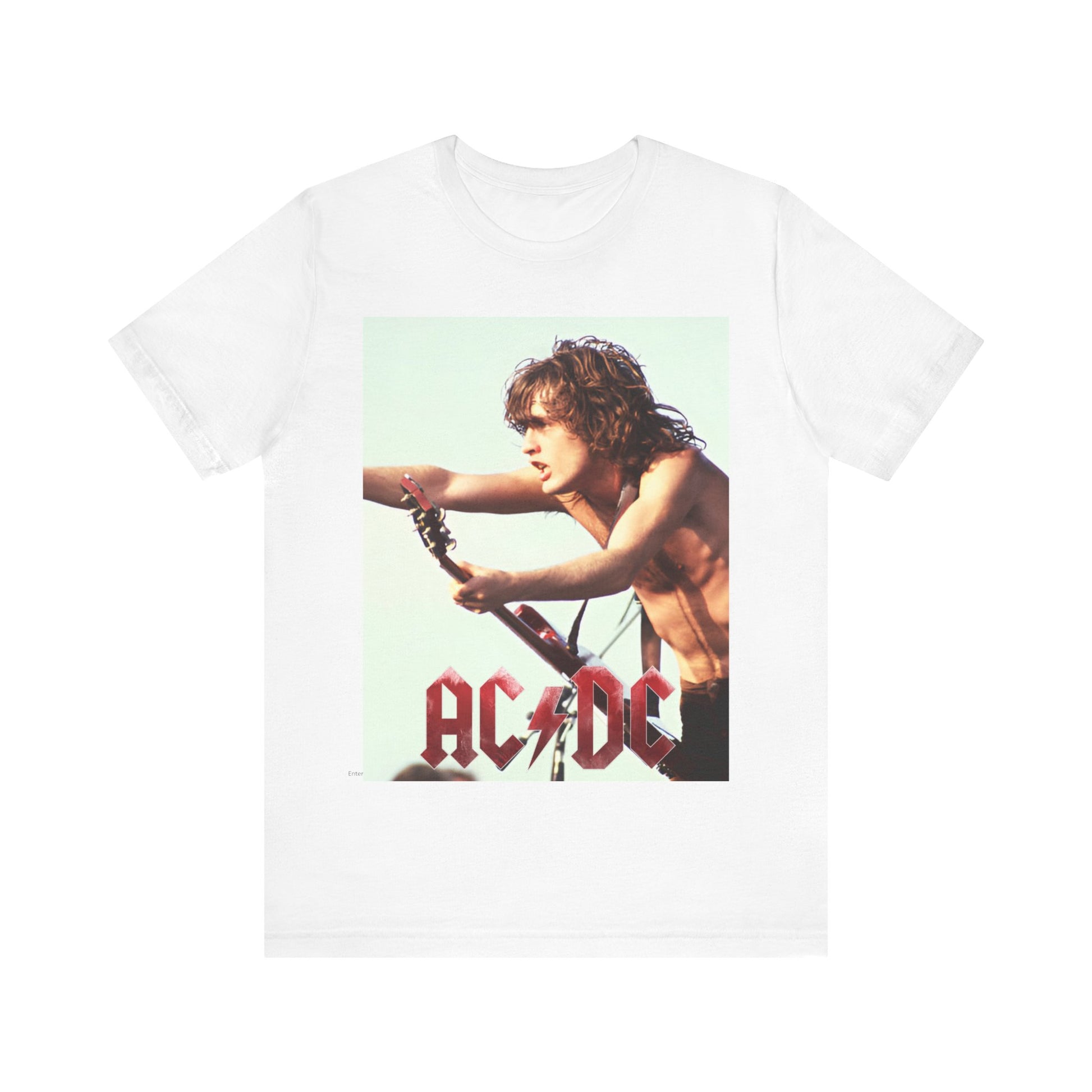 A black graphic t-shirt featuring the classic AC/DC lightning bolt logo prominently displayed, symbolizing the band's origins.