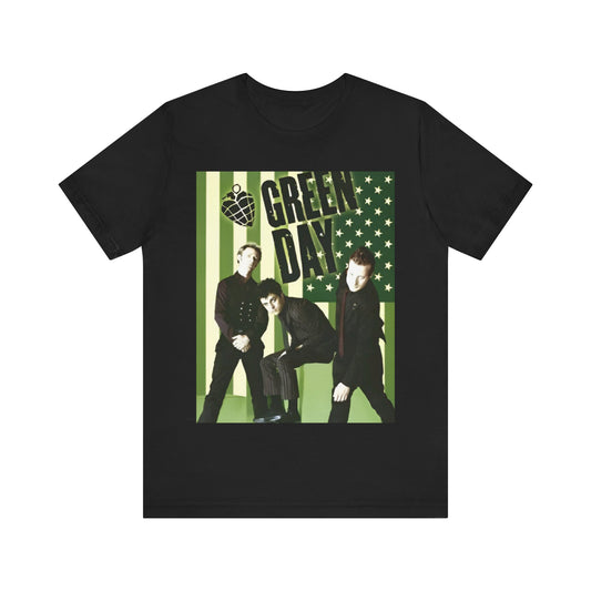 A black graphic t-shirt featuring a graphic related to Green Day's 'American Idiot' album era.