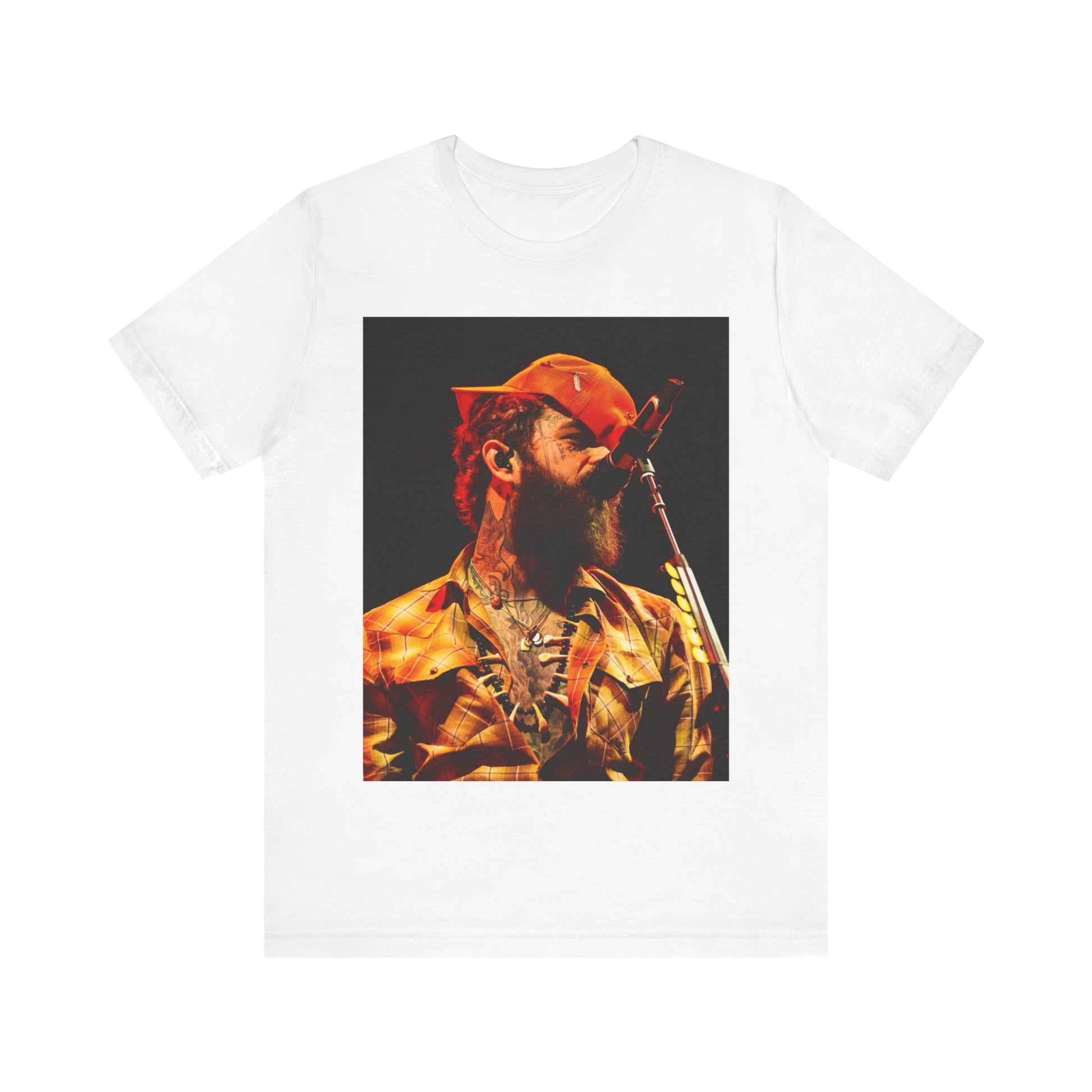 A black graphic t-shirt featuring a graphic or photo of Post Malone performing live on stage.