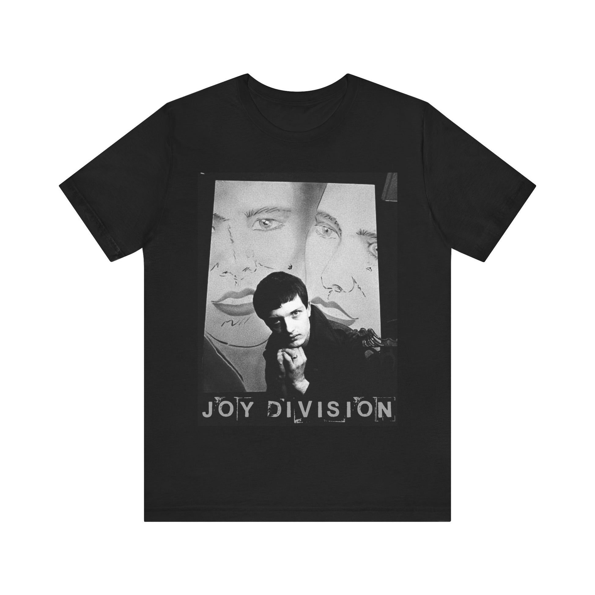 A black graphic t-shirt featuring a vintage dark wave graphic of Joy Division.