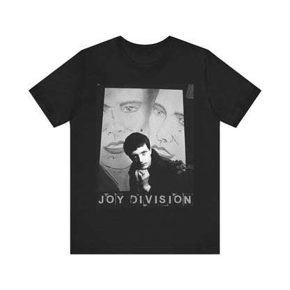A black graphic t-shirt featuring a vintage dark wave graphic of Joy Division.