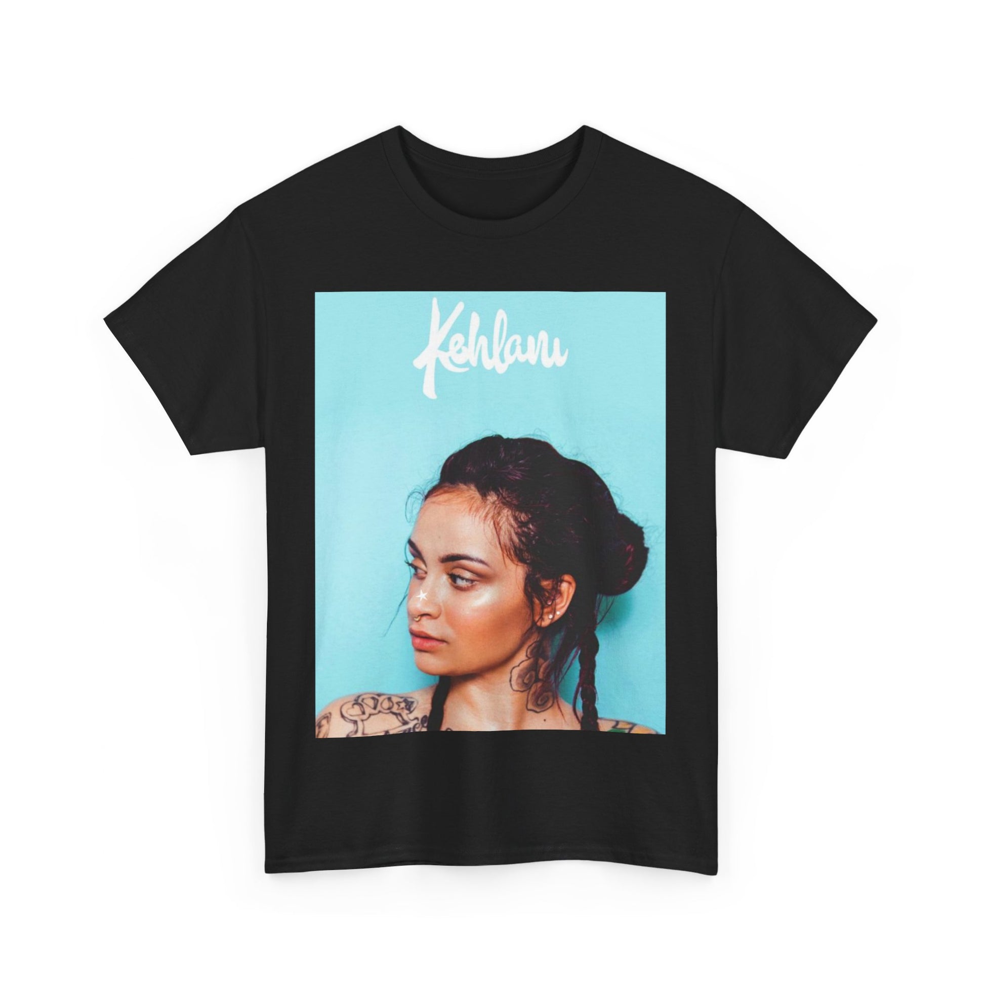 A black graphic t-shirt featuring a rapper aesthetic graphic of Kehlani.