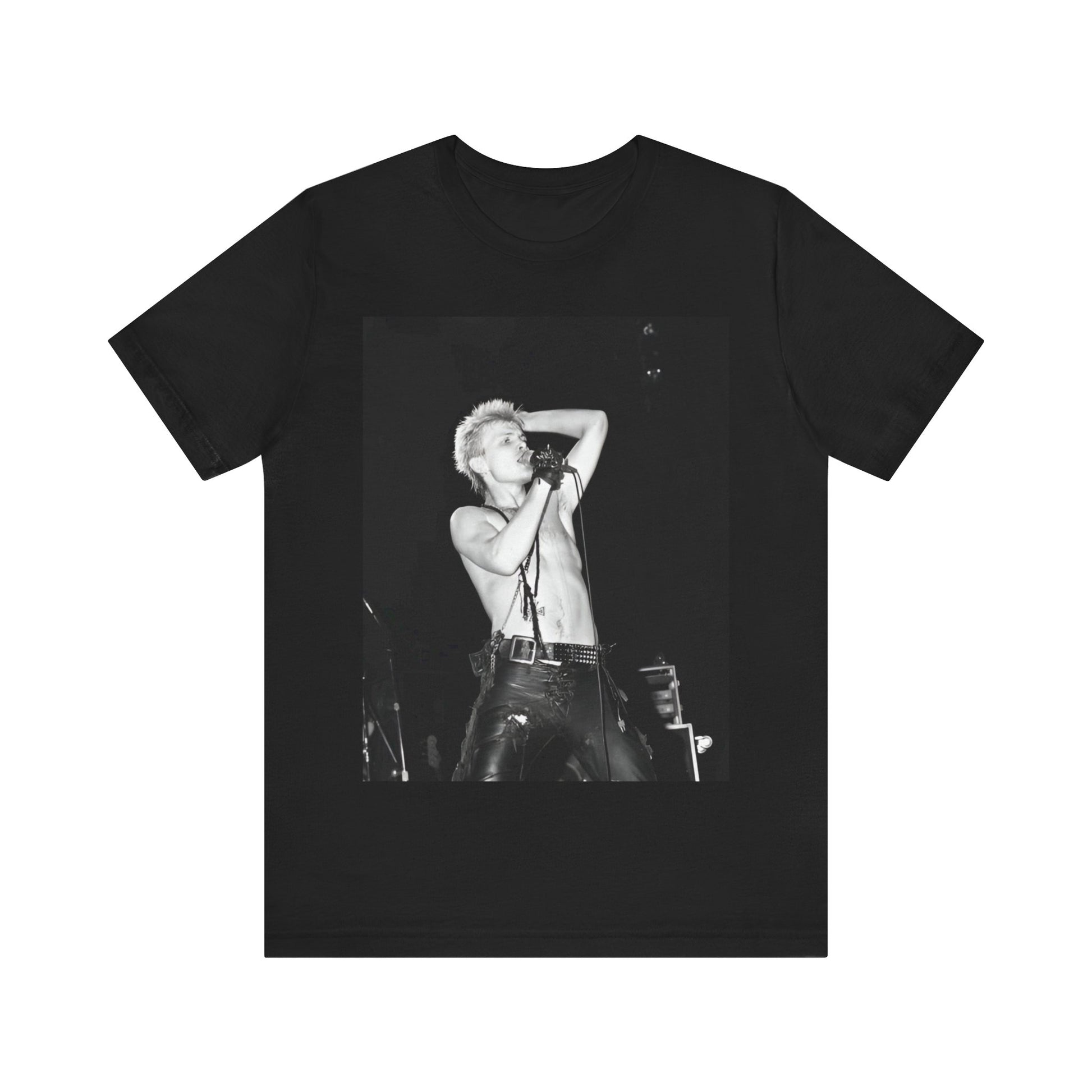 A black graphic t-shirt featuring a graphic related to Billy Idol's 'White Wedding' era, with a distinctive aesthetic.