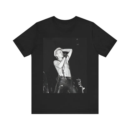 A black graphic t-shirt featuring a graphic related to Billy Idol's 'White Wedding' era, with a distinctive aesthetic.