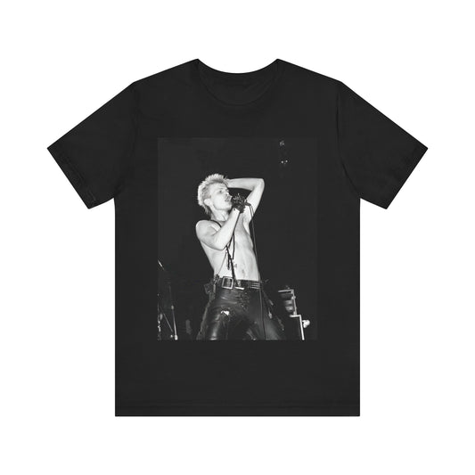 A black graphic t-shirt featuring a graphic related to Billy Idol's 'White Wedding' era, with a distinctive aesthetic.