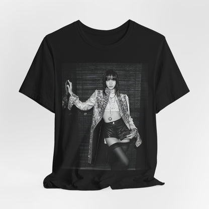 A black graphic t-shirt featuring a black and white, monochrome graphic or photo of Lisa.