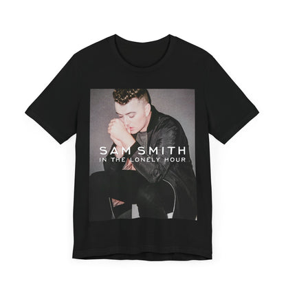 A black graphic t-shirt featuring the album cover art for Sam Smith's 'In the Lonely Hour'.