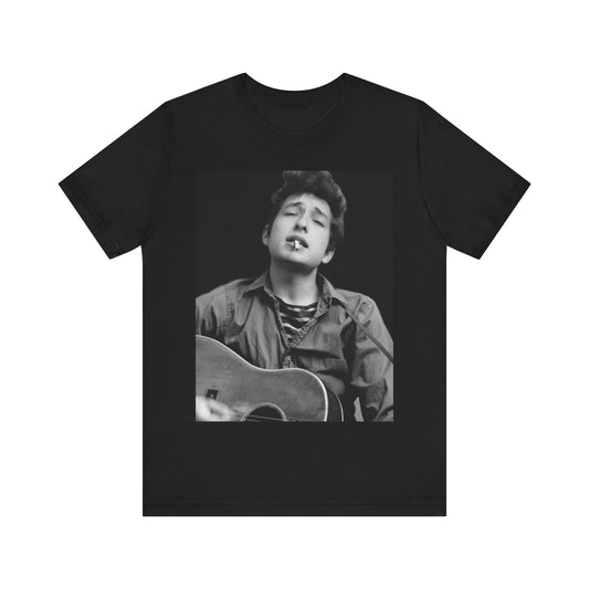 A black graphic t-shirt featuring a photo of Bob Dylan with his acoustic guitar.