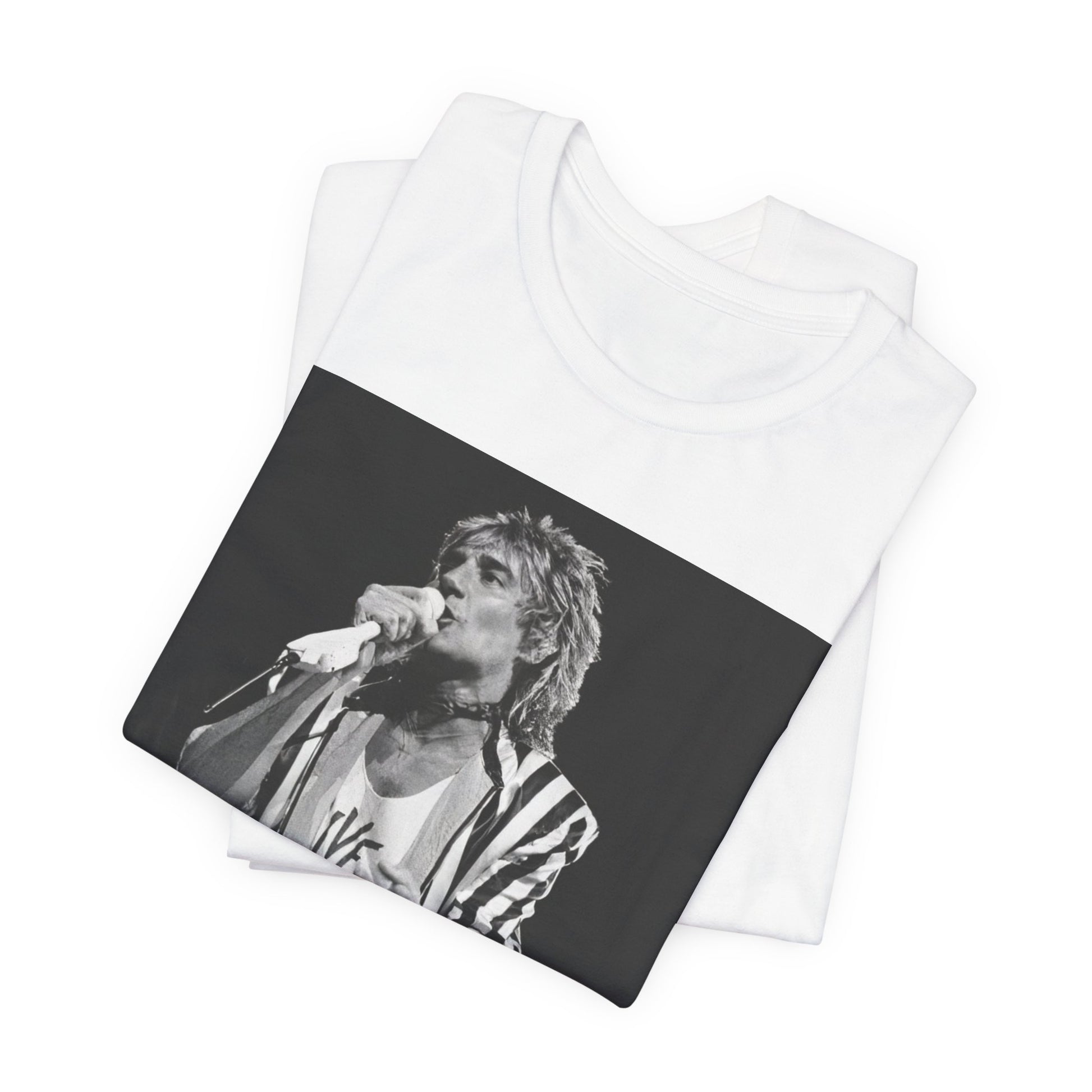A black graphic t-shirt featuring a black and white portrait photo of Rod Stewart.