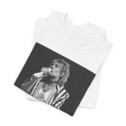 A black graphic t-shirt featuring a black and white portrait photo of Rod Stewart.