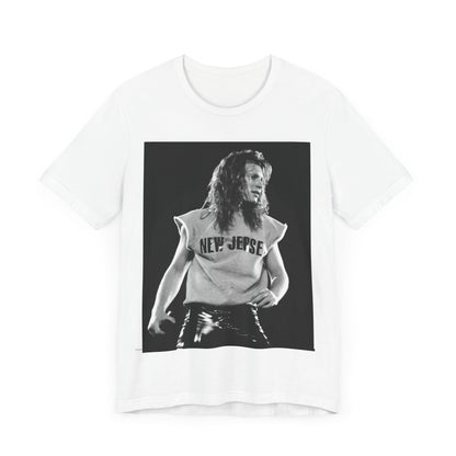 A black graphic t-shirt featuring a vintage graphic related to Bon Jovi's 'New Jersey' album or era.