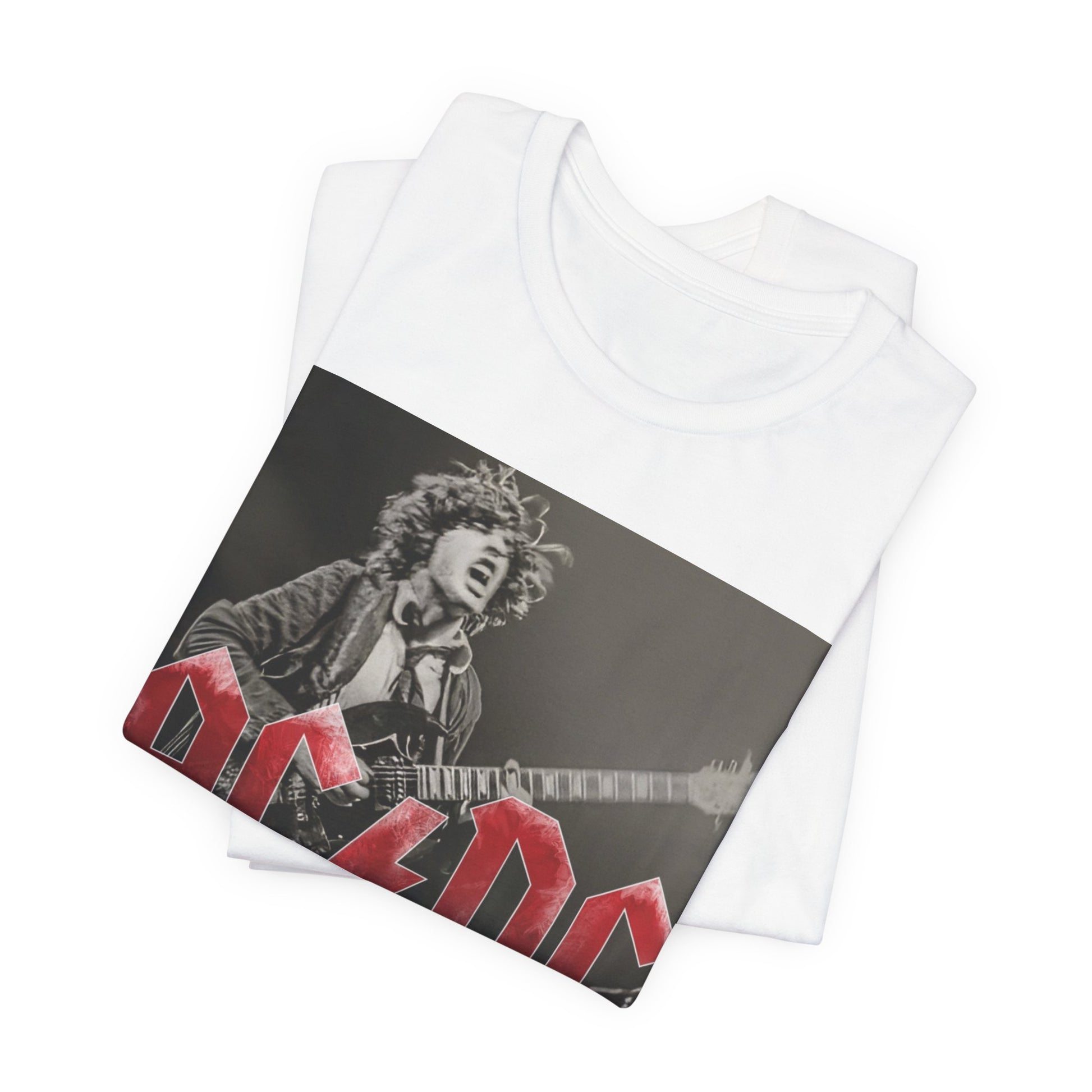 A black graphic t-shirt featuring the AC/DC logo with a dynamic image of Angus Young playing guitar, evoking the phrase 'Feel the Thunder'.