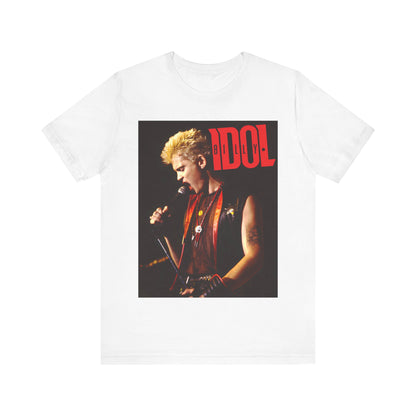A black graphic t-shirt featuring an iconic 80s concert graphic of Billy Idol performing live on stage.