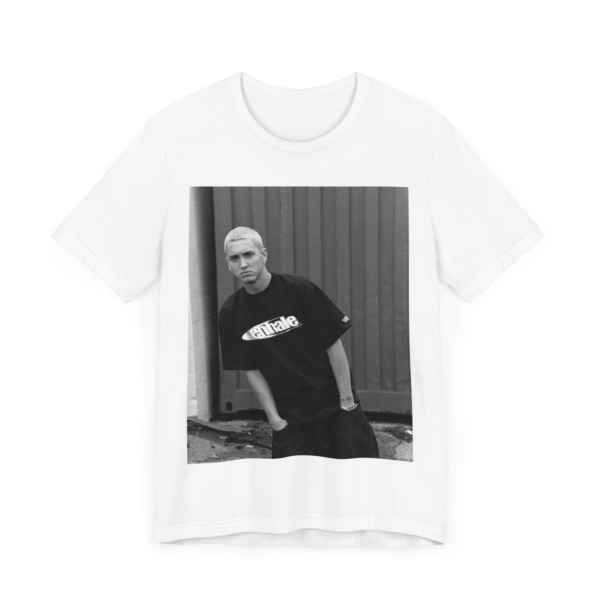 A black graphic t-shirt featuring a graphic of Eminem with a Detroit hip hop aesthetic.