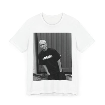 A black graphic t-shirt featuring a graphic of Eminem with a Detroit hip hop aesthetic.